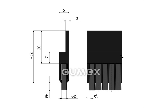 Profil s kartáčem 3002,  34x6mm, délka kartáče 2mm, průměr 0,15mm, sklon 0°, profil TPE, kartáč PA6, -20°C/+100°C, černý